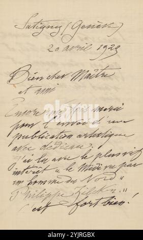 Brief an Philip Zilcken, Schriftsteller: Alphonse Stengelin, Satigny, 20. April 1929 Tinte, Schreibpapier, Stift, Drucksachen, Philip Zilcken, Roger Louis der Oberkampf Dabrun Stockfoto