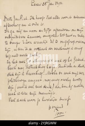 Brief an Jan Veth, Autor: Antoon Derkinderen, Laren, 25. Januar 1898, Papiertinte, Schreiben, Stift, Drucksachen, Jan Veth, Johanna Henriëtte Besier Stockfoto