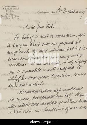 Brief an Jan Veth, Schreiben: Rijksakademie van Beeldende Kunsten, Schriftsteller: Antoon Derkinderen, Amsterdam, 1. Dez 1917, Papiertinte, Schreiben, Stift, Drucken , Jan Veth, Felicien Bobeldijk, August Allebé Stockfoto