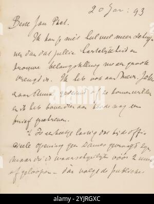 Brief an Jan Veth, gedruckt, Brief vom 20. Januar: 93 in späterer Hand, Autor: Antoon Derkinderen, 1874 - 1925, Papiertinte, Schreiben, Pen, Jan Veth, Jacoba Cornelia Jolles-Singels, Anna Dorothea Dirks Stockfoto