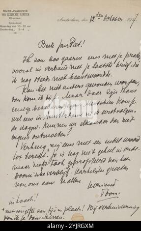 Schreiben an Jan Veth, Schriftsteller: Rijksakademie van Beeldende Kunsten, Schriftsteller: Antoon Derkinderen, Amsterdam, 12. Oktober 1917 Papiertinte, Schreiben, Stift, Drucken, Jan Veth Stockfoto