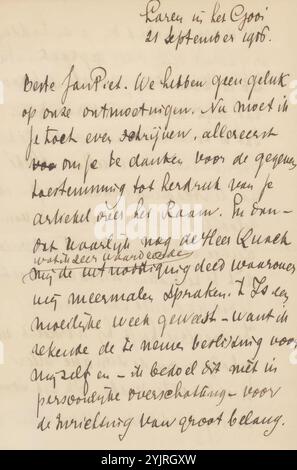 Brief an Jan Veth, Brief, Autor: Antoon Derkinderen, Laren, 21. September 1906, Papiertinte, Schreiben, Stift, Drucksachen, Beurs van Berlage, Jan Veth, Hendrick Peter Godfried Quack, August Allebé, Hendrik Petrus Berlage, Frederik Bernard s'Jacob Stockfoto