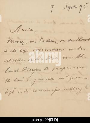 Brief an Jan Veth, Name, geprägt: "LEES, AMSTERDAM", Autor: CHAP van Deventer, Amsterdam, 7. September 1895, Papiertinte, Schreiben, Pen, Subject, Bussum, Jan Veth, Albert Verwey, Frederik van Eeden, C.F. van der Horst, Allard Pierson Stockfoto