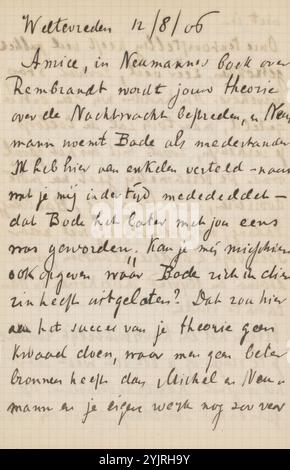 Brief an Jan Veth, Autor: CHAP van Deventer, Weltevreden, 12-Aug-1906, karierte Papiertinte, Schreiben, Stift, Malerei (einschließlich Buchbeleuchtung, Miniaturmalerei), Ausstellung, Kunst, Semarang, Bandung, Padang, Surabaya, Batavia, Jan Veth, Carl Neumann, Rembrandt van Rijn, Wilhelm von Bode, Francois Emile Michel Stockfoto