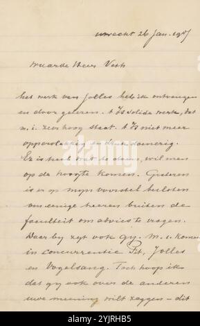 Brief an Jan Veth, Autor: Johan Hendrik Gallée, Utrecht, 26. Januar 1907, linierte Papiertinte, Schreiben, Stift, Malerei (einschließlich Buchbeleuchtung, Miniaturmalerei), anonyme historische Person dargestellt, Jan Veth, André Jolles, Adriaan Grube, Willem Vogelsang, Universität Utrecht Stockfoto