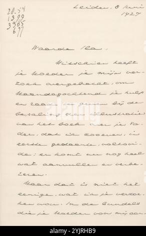 Brief an Alida Johanna Veth, gedruckt, Autor: Johan Huizinga, Leiden, 8. Juni 1927, Papiertinte, Schreiben, Stift, Thema, Indies, Alida Johanna Moes-Veth, Jan Veth, Anna Dorothea Dirks Stockfoto