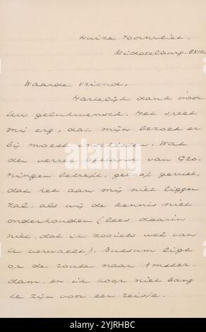 Brief an Jan Veth, gedruckt, Autor: Johan Huizinga, Middelburg, 5. August 1905, Papiertinte, Schreiben, Stift, Thema, Groningen, Bussum, Amsterdam, Indien, Jan Veth, André Jolles Stockfoto