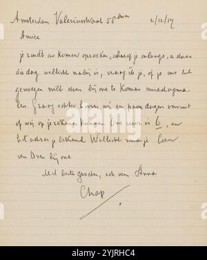 Brief an Jan Veth, Autor: CHAP van Deventer, Amsterdam, 2. Dezember 1917, gestrichene Papiertinte, Schreiben, Stift, Jan Veth, Coen van Oven Stockfoto