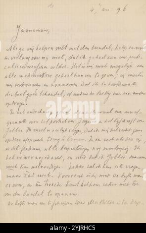 Brief an Jan Veth, Autor: CHAP van Deventer, Amsterdam, 3. Januar 1896, Papiertinte, Schreiben, Stift, Drucksachen, historische Personen (Porträts und Szenen aus dem Leben), Jan Veth, Jacques Perk, André Jolles, Lodewijk van Deyssel, De Kroniek, Allard Pierson, August Allebé Stockfoto