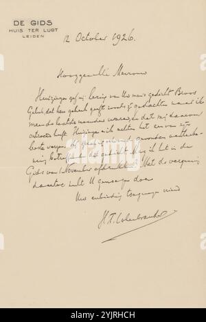 Brief an Anna Dorothea Dirks, Schriftstellerin: De Gids (Zeitschrift), Schriftstellerin: Herman Theodoor Colenbrander, Leiden, 12. Oktober 1926, Papiertinte, Schreiben, Stift, Drucken, Literatur, Kunst, Anna Dorothea Dirks, Johan Huizinga, Jan Veth Stockfoto