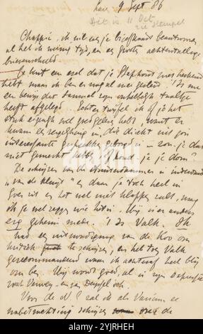 Brief an CHAP van Deventer, Autor: Jan Veth, Laren, 9. Oktober 1886, Papptinte, Schrift, Stift, Briefe des Schriftstellers fälschlicherweise vom 9. September statt vom 9. Oktober datiert, Ausstellung, Kunst, historische Personen (Porträts und Szenen aus dem Leben), Malerei (einschließlich Buchbeleuchtung, Miniaturmalerei), Grafik, Illustration, Drucksachen, Buch, Dordrecht, Córdoba, CHAP van Deventer, de Amsterdammer, Maurits van der Valk, Johannes de Koo, de Nieuwe Gids, Hein Boeken, Willem Witsen, Conrad Busken Huet, Frederik van Eeden, Jac van Looij Stockfoto