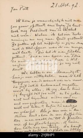 Brief an Jan Veth, vom 21. März 92 in späterer Hand. Autor: JAC van Looij, 1865 - 1925, Papiertinte, Schreibstift, Zeichnung, historische Personen (Porträts und Szenen aus dem Leben), Geld, Amsterdam, Antwerpen (Stadt), Gent, Jan Veth, Nederlandsche Etsclub, Philip Zilcken, Jozef Israëls, Jan Voerman (1857-1941), Herman Johannes Aloysius Maria Schaepman, Gustave Flaubert, Marius Bauer, de Nieuwe Gids, Maurits van der Valk, Klaas Groesbeek, Jules Chéret, Herman Gorter, Pieter Lodewijk Tak, Arti et Amicitiae Stockfoto