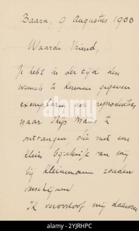 Brief an Jan Veth, Autor: Karel Johan Lodewijk Alberdingk Thijm, Baarn, 9. August 1900, Papiertinte, Schreiben, Stift, Drucksachen, Jan Veth, Matthijs Maris, H. Kleinmann & Co Stockfoto