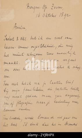 Brief an Jan Veth, Autor: Karel Johan Lodewijk Alberdingk Thijm, Bergen op Zoom, 16. Oktober 1892, Papiertinte, Schreiben, Stift, Krankheiten, Fotografie, Kinematographie, anonyme historische Person porträtiert, Drucksachen, Grafik, Jan Veth, Jan Christiaan Jr. Loman Stockfoto