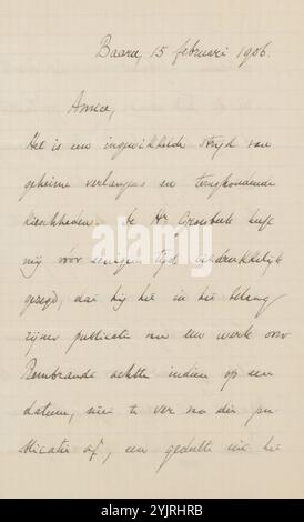 Brief an Jan Veth, Autor: Karel Johan Lodewijk Alberdingk Thijm, Baarn, 15. Februar 1906, karierte Papiertinte, Schreiben, Stift, Drucksachen, Jan Veth, Klaas Groesbeek, Rembrandt van Rijn, Das 20. Jahrhundert Stockfoto