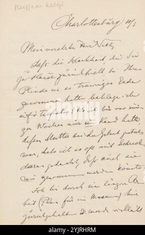 Brief an Jan Veth, gedruckt, Brief vom 10. März XXXX., Schriftsteller: Wilhelm von Bode, Charlottenburg, 1874 - 1925, Papiertinte, Schrift, Stift, Krankheiten, Familienleben, Jan Veth Stockfoto