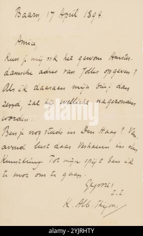 Brief an Jan Veth, Autor: Karel Johan Lodewijk Alberdingk Thijm, Baarn, 17. April 1894, Papiertinte, Schreiben, Stift, Thema, den Haag, Jan Veth, André Jolles, Emile Verhaeren, Der Haager Kunstkreis Stockfoto