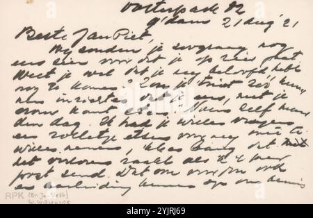 Brief an Jan Veth, Autor: Willem Witsen, Amsterdam, 21. August 1921 Papptinte, Schreiben, Stift, Reisen, Tourismus, Grafik, anonyme historische Person dargestellt, Malerei (einschließlich Buchbeleuchtung, Miniaturmalerei), Zeichnung, Niederländisch-Indien, Baarn, Jan Veth, Johan Willem Teillers, CHAP van Deventer Stockfoto