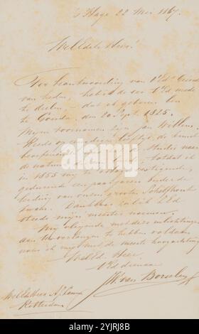 Unterricht der, (allgemein), Gouda, den Haag, Ary Johannes Lamme, Andreas Schelfhout, Brief an Ary Johannes Lamme, Autor: Jan Willem van Borselen, den Haag, 22. Mai 1867, Papiertinte, Schreiben, Stift, Bildung Stockfoto