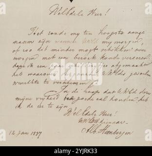 Brief an Adriaan van der Willigen, gedruckt, Siegel, gestempelt, Autor: Albertus Steenbergen, 12-jan-1837, Papiertinte, Schreiben, Stift, Malen (einschließlich Buchbeleuchtung, Miniaturmalerei), Adriaan van der Willingen Stockfoto