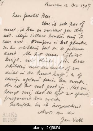 Brief an Pieter Haverkorn van Rijsewijk, Autor: Jan Veth, Bussum, 12. Dezember 1907, Papiertinte, Schreiben, Stift, Malerei (einschließlich Buchbeleuchtung, Miniaturmalerei), Krankheiten, Pieter Haverkorn aus Rijsewijk Stockfoto