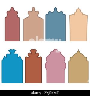 Vektor-arabische Türen. Islamische Türen und Bögen im orientalischen Stil mit modernem Design, Mond, Moschee-Kuppel und Laternen Stock Vektor