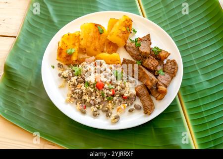 Traditionelles rustikales, tropisches brasilianisches Gericht, sonnengetrocknetes Rindfleisch mit grünen Bohnen, Maniok, Biquinho-Pfeffer. Kreative rustikale Fotografie Stockfoto