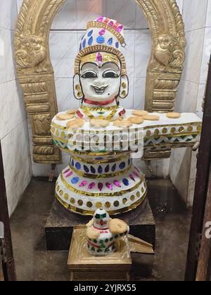 Religion & glaube Abhishekam Hydration Pooja ist der Prozess des Badens der Gottheit. Annam bedeutet Reis und Anna Abhishekam bedeutet, die Gottheit mit gekochtem Reis zu baden. Dieses göttliche Ritual wird am Vollmondtag im tamilischen Monat Aippasi von Mitte Oktober bis Mitte November durchgeführt. Obwohl es in Indien eine Vielzahl von Abhishekams gibt, wird diese besondere Zeremonie auf Lord Shiva in Form von Shiva Lingam in allen südindischen Shiva-Tempeln durchgeführt. Wenn Sie dieses Ritual einmal im Jahr durchführen, können Sie all die Probleme in Ihrem Leben loswerden. Diese Zeremonie ist auch als Shiva Abhishekam oder Maha Anna Abhi bekannt Stockfoto