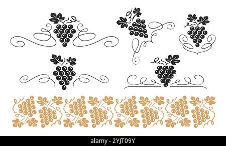 Traubenkonzept. Vektor-Illustration des Rebmusters. Grapevine-Trennwände, Eckdesign-Elemente-Set Stock Vektor