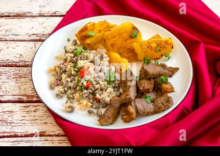 Traditionelles rustikales, tropisches brasilianisches Gericht, sonnengetrocknetes Rindfleisch mit grünen Bohnen, Maniok, Biquinho-Pfeffer. Kreative rustikale Fotografie Stockfoto