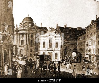 Ein alter Druck, der den Michaelplatz mit dem Burgtheater in Wien zeigt - verbunden mit dem Theaterautor Franz Seraphicus Grillparzer - ein alter Druck, der Michaelplatz mit dem Burgtheater in Wien, Österreich zeigt - verbunden mit dem Theaterautor Franz Seraphicus Grillparzer - Stockfoto