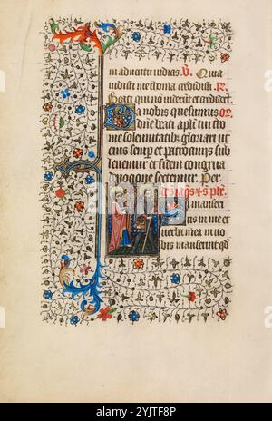 Der heilige Philipp mit einer Axt und der heilige Jakobus als Pilger; Buch der Stunden, um 1440–1450. Die Jakobsmuschel ist das traditionelle Wappen des Heiligen Jakob des Großen und ist immer noch beliebt bei Pilgern, die auf dem Jakobsweg unterwegs sind. Stockfoto