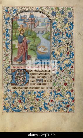 Salvator Mundi; Arenberg Hours; der Erlöser der Welt, Anfang der 1460er Jahre Weitere Informationen: Christus steht an den Ufern eines Flusses mit einer Kugel, was seine Rolle in diesem Bild als Retter der Welt (Salvator Mundi) andeutet. Eine Taube, ein gemeinsames Symbol des Heiligen Geistes, schwebt vor Christus. Unterhalb der Taube ist eine Passage aus Genesis in Gold eingeschrieben: Spiritus dei ferebat(ur) super aquas (der Geist Gottes bewegte sich über das Wasser). Das Erscheinen Christi als Erlöser der Welt, die Gegenwart der Taube und der Text aus der Genesis deuten darauf hin, dass die Existenz der Dreifaltigkeit und das Versprechen salvatas besteht Stockfoto