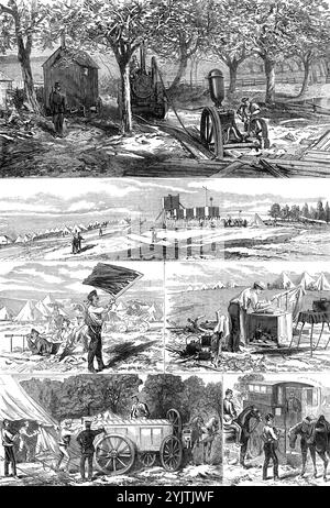 Die Herbstkampagne: Sketches in the Southern Camp, 1872. Manöver der britischen Armee. "Brunnen... wurden versenkt; Nortons Handpumpen, die zuerst in der Abessinier-Kampagne verwendet wurden, sind sehr gefragt; und die Ingenieure haben in einem Fall auf eine Dampfmaschine zurückgegriffen, um die Versorgung auf ein höheres Niveau zu heben...1. Eine Abbildung der Pumpe des Technikers mit Filtern [bei Tarrant Monkton] ist gegeben. Die bergab verlaufenden Rohre leiten das Wasser zu den Tanks bei Race Down. Auf dem Hügel befindet sich ein Signalstab, der Signale von Race Down wiederholt, und wenn die Signale, eine rot-weiße Flagge und eine schwarze Kugel, abgesenkt werden, wird das e abgesenkt Stockfoto