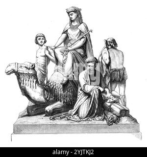 The National Memorial to the Prince Consort: Africa, von William Theed, 1872. Diese Gruppe befindet sich auf dem Nordostwinkelsockel. Das Prinzip seiner Gestaltung ist eine Verkörperung jener Merkmale der Rasse, die für die Geschichte Afrikas charakteristisch sind. Eine ägyptische Prinzessin auf einem Kamel ist die Hauptfigur - Ägypten war die große frühe afrikanische Macht und Vorläufer der Zivilisation. Zu ihrer Rechten steht ein Nubier oder Bewohner der östlichen Grenzen dieses Kontinents, seine Hand ruht auf einer halb begrabenen Statue, in Anspielung auf die monumentalen Herrlichkeiten des Kontinents Stockfoto