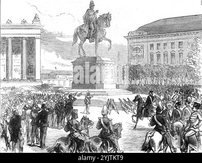 Der militärische Triumph in Berlin: Enthüllung der Statue von König Friedrich Wilhelm III., 1871. Wir feiern den deutschen Sieg im Deutsch-Französischen Krieg. Der Kaiser, der seine Position an der BL&#xfc;cher-Statue auf dem Opern-Platz eingenommen hatte, erlaubte der ganzen Armee, an ihm vorbeizuziehen und alle ihre Grußworte zurückzugeben. Danach ging seine Majestät fort, mit den Fürsten, Staatsministern, Generälen, bürgerlichen Würdenträgern, und Klerus, um die Enthüllung einer Reiterstatue seines Vaters, König Friedrich Wilhelm III., auf einem Platz neben dem Opern-Platz vor dem Schloss zu erleben. Diese Zeremonie wurde durchgeführt Stockfoto