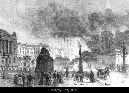 Die Ruinen von Paris: Place de la Concorde, 1871. Die letzte Pariser Kommune: ...ruins öffentliche Gebäude, zerstört durch die Wut der kommunistischen Fraktion... Eine Szene voller Verwüstung und Verwirrung wurde beobachtet... auf dem Place de la Concorde, an der Ecke der Rue de Rivoli, wo noch die Überreste einer großen Barrikade, die an der Wand der Tuilerien anragte, zu sehen waren. Die Vorderwand des Finanzministeriums in der Rue de Rivoli war beim Brand gefallen, und das Feuer wurde nicht ganz gelöscht, als unser Künstler seine Zeichnung machte. Im Vordergrund stand der Sockel eines Stockfoto