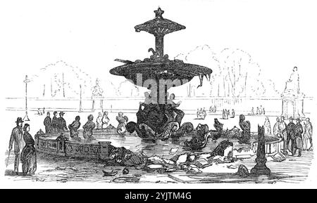 Ruinen von Paris: Brunnen am Place de la Concorde, 1871. Der letzte der Pariser Kommune. "Das Steinbecken des großen bronzenen Brunnens war traurig beschädigt worden; die Ziersäulen und die Lampenpfosten aus Metall waren geknickt oder zerbrochen; der Ort war voller Steinhaufen, Säcke mit Erde, leere Fässer, Granatsplitter, Soldatensäcke, Kappen, Uniformen, Ramrods, Bajonette, Flaschen, Blechdosen und halb verbrannte Papiere. Aus Illustrated London News, 1871. Stockfoto