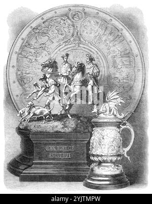 Die Ascot-Preistafel, 1871. „Die Designs der Gold- und Silberplatte... für die diesjährigen Hauptpreise bei den Ascot-Rennen waren bemerkenswert gut durchdacht. Das Schild, das anstelle des Ascot Cup angeboten wird, besteht aus einer Reihe von Basreliefs und Medaillons, die die großen Ereignisse in der Geschichte Englands unter König Heinrich V. und anderen Plantagenet-Herrschern veranschaulichen... dieses Schild wurde von W. F. Spencer für die Hersteller, Messrs. R. und S. Garrard and Co. Entworfen und modelliert. Sie stellten auch den Preis für die Queen's Standplatte her, einen Tankard mit einem Drachen, der über dem Deckel stand. Die Stockfoto