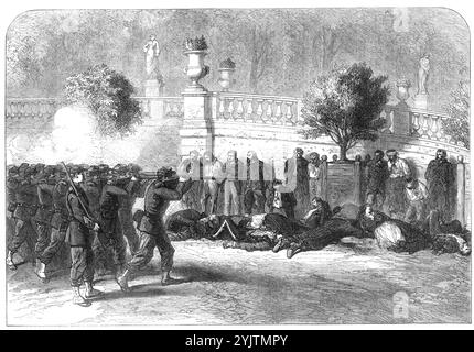 Erschießung kommunistischer Gefangener im Garten der Luxemburg, 1871. La semaine Sanglante in Paris. "Hunderte kommunistische Aufständische, die mit Waffen in der Hand an den Barrikaden gefangen genommen wurden und sich weigerten, sich den Truppen zu unterwerfen, wurden sofort in die Gärten des Luxemburger Palastes gebracht... wo sie vor einer Mauer ferngehalten und von Soldaten oder Seeleuten erschossen wurden. Unter diesen elenden Opfern gab es nicht ein paar Frauen. Die Gärten des Luxemburger Schlosses... sind allen bekannt, die Paris besucht haben, als sehr angenehme Promenade. Das Gelände ist gepflanzt Stockfoto