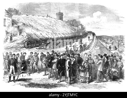 Der Bürgerkrieg in Paris: Die Kanone bei Montmartre, 1871. Szene während des Konflikts in dieser Stadt zwischen dem aufständischen Teil der Nationalgarde der Roten Republikaner und der Regierung von M. Thiers, die von der Nationalversammlung ernannt wurde. Der unmittelbare Anlass dieses Konflikts war die Absicht der Regierung, die gesamte Artillerie, die der Nationalgarde während der Belagerung von Paris durch die deutsche Armee zur Verfügung gestellt wurde, in Besitz zu nehmen. Es wird daran erinnert, dass, als die Deutschen kurz davor waren, die Champs Elys&#xe9;es zu betreten, nach der Kapitulation eine turbulente Menge von National Stockfoto