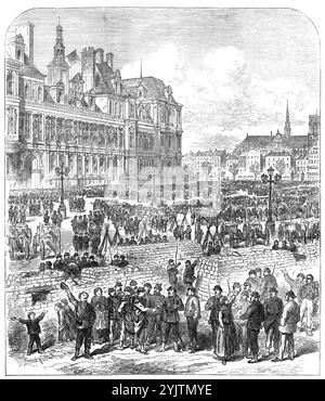 Der Bürgerkrieg in Paris: Barrikaden vor dem Hotel de Ville, 1871. Tausende bewaffneter Nationalgardisten in halb militärischer, halb ziviler Kleidung, viele von ihnen unhöflich, schäbig und schmutzig, drängten den ganzen Tag auf dem Place de l'Hotel de Ville, vermischt mit Garibaldianischen Freiwilligen oder Francs-Tireurs, Gardes Mobiles, Soldaten der Linie, die ihre Regimentsstandards verlassen hatten, Zouaves und Artilleristen. Eine Reihe neuer Messingkanonen... die sich über den Ort erstrecken. Es gab siebzig oder achtzig dieser Waffen. Die Männer hatten ihre Gewehrkränze oder Musketen auf dem Boden in militärischer Weise gestapelt. Der Ansatz Stockfoto