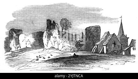 Pevensey Castle, Sussex, 1872. An der flachen Küste der Bucht von Pevensey, wo die normannischen Eroberer landeten, am 28. September 1066, befinden sich die Ruinen der Burg, die Robert de Mortain, Herzog Wilhelms Halbbruder, innerhalb der Linien der antiken römischen Festung Anderida erbaut hat. Es gehörte später der normannischen Familie de Aquila und fiel dann an die Krone, ist aber heute Eigentum des Herzogs von Devonshire. Die römischen Mauern, 12 Fuß. Dick, bestehen aus Feuerstein und hartem Zement, mit einer Verkleidung aus quadratischen Steinen und Verklebung oder Verklebung von roten Fliesen. Sie sind aus 24 Fuß. Bis 30 Fuß Hoch, verstärkt mit solidem aber Stockfoto