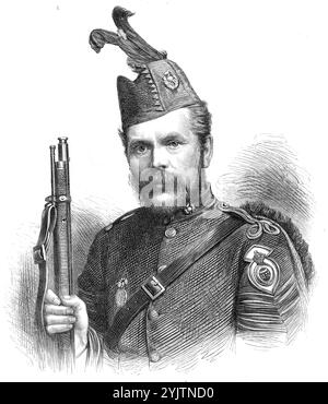 Colour Sergeant Michie, Gewinner des Queen's Prize in Wimbledon, 1872. Kupferstich nach einer Fotografie von Herbert Watkins. Treffen der National Rifle Association auf Wimbledon Common, Südwest-London. Mr. Michie stammt aus Kirkaldy und ist vertraulicher Angestellter eines Kaufmanns in London City. Er hat in vier aufeinanderfolgenden Jahren unter den hundert besten Schützen in der ersten Phase des Wettbewerbs um den Queen-Preis geschossen; aber dies ist das erste Jahr, in dem er einen Platz in den sechzig besten Schüssen und eine Chance hat, sein Können in der letzten Phase unter Beweis zu stellen... Michie, vom Londoner Schotten, hatte Flosse Stockfoto