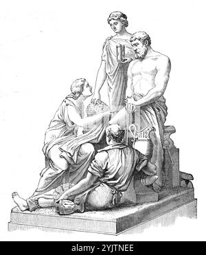 The Prince Consort National Memorial: „Manufacture“, von Henry Weekes, R.A., 1872. Skulpturen auf dem Albert Memorial, gegenüber der Royal Albert Hall, in Kensington [in London]... vier Gruppen, in weißem Marmor, an den Ecken des Podiums, das die Basis der Struktur bildet, stellen „Landwirtschaft“, „Manufakturen“, „Handel“ und „Technik“ dar. Die Hauptfigur ist das führende Genie der Manufakturen, das auf einen Bienenstock als Symbol der Industrie und Holding verweist Stockfoto