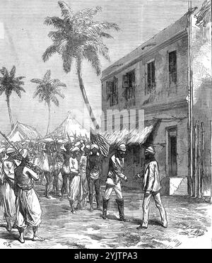 Der Befund von Dr. Livingstone: Rückkehr von Mr. Stanley nach Bagamoyo, nach einer Skizze von Lt. Henn, 1872. Mr. Stanley, Sonderkorrespondent des New York Herald, wurde... geschickt, um Dr. Livingstone zu finden, ohne Anweisungen, aber dass er "unbegrenzt Kredit haben sollte, um seine eigenen Pläne durchzuführen und seine eigenen Mittel einzusetzen". Mr. Stanley hat seine Arbeit sehr gut gemacht. Er litt furchtbar unter Fieber, als er während der Regenzeit von Ugogo an die Küste zurückkehrte, einen gewaltsamen marsch durch die überfluteten Ebenen unternahm. Es war in Bagamoyo, einem Hafen gegenüber der Insel Sansibar Stockfoto