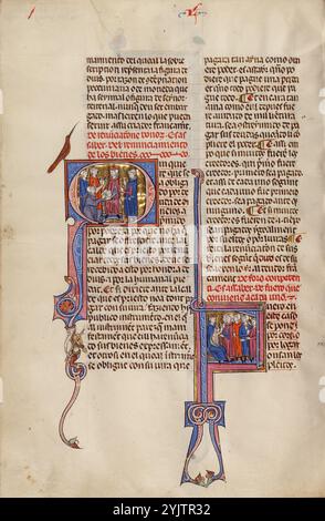 Initial Q: Ein Mann, der vor einem König kniet: Initial F: Ein Anwalt mit Mandanten vor einem Richter; Vidal Bürgermeister, ca. 1290–1310. 1247, als die Rückeroberung Spaniens von den muslimischen Streitkräften praktisch abgeschlossen war, beschloss König Jakob I. von Aragon und Katalonien, Spanien, einen neuen systematischen Gesetzbuch für sein Königreich einzuführen. Er übertrug die Aufgabe Vidal de Canellas, Bischof von Huesca. Das Manuskript, die einzige bekannte Kopie des Gesetzbuches, ist eine Übersetzung des lateinischen Textes von Vidal de Canellas in die Sprache Navarro-Aragonesisch (in dieser Sprache heißt das Buch Call) Stockfoto