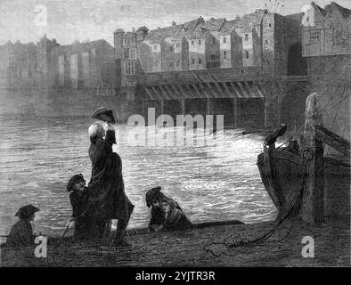 "A Jacobite's Farewell", von T. Green, in der Ausstellung der Royal Academy, 1872. Gravur eines Gemäldes. „Im Katalog zitiert der Künstler Paul Hentzners Reise nach England, 1757“: „Die London Bridge ist auf beiden Seiten mit Häusern bedeckt, die so angeordnet sind, dass sie den Anschein einer fortgesetzten Straße haben. Darauf steht ein Turm, auf dessen Spitze die Köpfe derjenigen, die wegen Hochverrats hingerichtet wurden, auf eiserne Spitzen gesetzt sind." Ein Jakobit mit seiner Familie versucht, dem Schicksal seiner ehemaligen Gefährten in Rebellion zu entkommen, deren Spitze Stockfoto