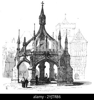 Market Cross, Salisbury, 1872. "Das Market Cross, oder Geflügelkreuz, wie es genannt wurde, aus dem Verkauf von Geflügel darunter, ist eine sehr merkwürdige Struktur. Es ist eines von drei derartigen Kreuzen, die früher in der Stadt existierten. Aber dieser soll als Buße gebaut worden sein, auf Befehl des Bischofs von Salisbury, von Sir John de Montacute, Neffe des Earl of Salisbury in der Zeit Richard II. Dieser Gentleman, der ein Freund Wickliffes und ein Schutzpatron der Lollards war, hatte sich der lächerlichen Verachtung gegenüber dem Wirt schuldig gemacht, als er gezwungen war, ihn nach Hause zu tragen, wofür er sente Stockfoto
