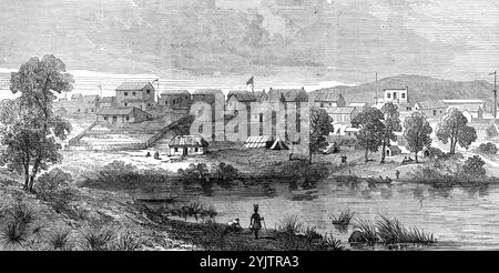 Klipdrift, bei den Diamond Grabgings, Südafrika, 1872. "Die südafrikanischen Diamantenfelder, von denen die Siedlung Klipdrift als Beispiel herangezogen werden kann, liegen am Ufer des Flusses Vaal im Nordosten der Orange Free State Republic, etwa 80 Meilen nördlich der Grenze des Kap Colonial. Diamanten werden über und unter dieser Station gefunden, und zahlreiche Grabungen werden entlang der Ufer des Flusses und seiner Nebenflüsse durchgeführt. Derzeit wird die Zahl der Grabungen relativ auf 000 geschätzt; diese Zahl nimmt jedoch rasch zu. Der Diamant ist sehr stark verstreut Stockfoto